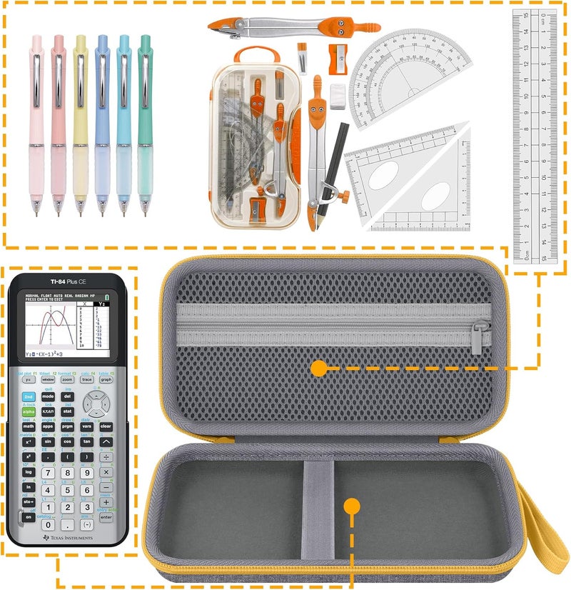 Baval Calculator Case Compatible with Texas Instruments TI-84 Plus CE/TI-84 Plus/TI-Nspire CX II CAS/TI-Nspire CX II/TI-83 Plus/TI-89 Titanium Color Graphing Calculator (Gray Case,Yellow Zipper) - Image 4
